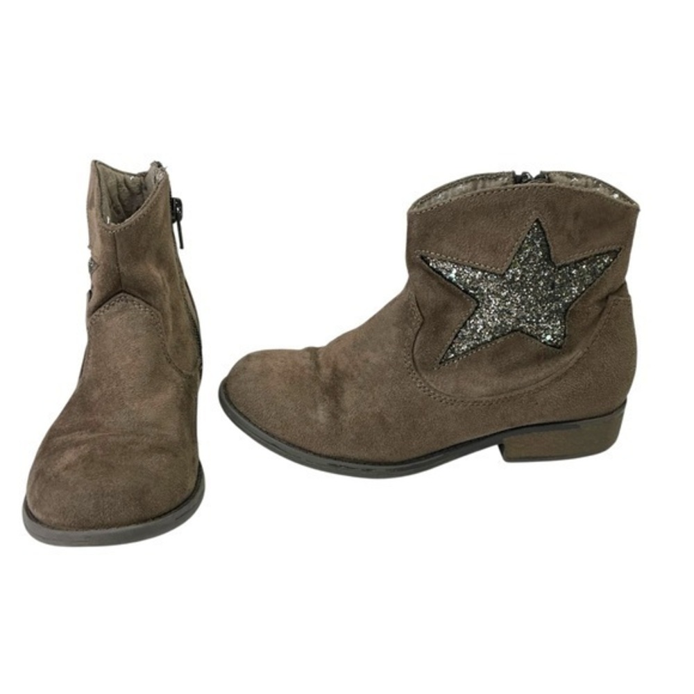 SO Brown Kids Boots with Glitter Star Accent Faux Suede Ankle Booties Girls Sz 2